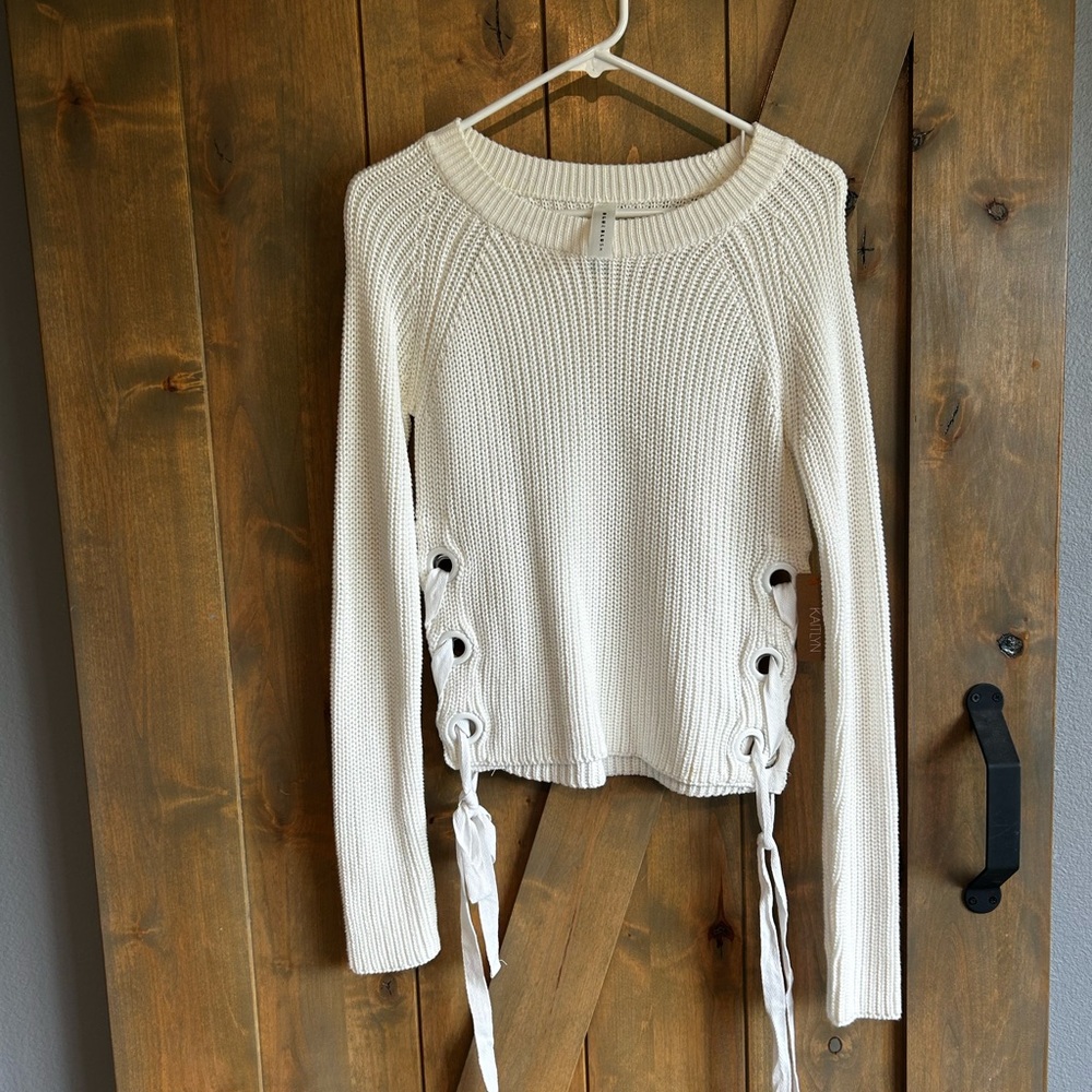 Blue Blush Cream Sweater with Side Tie Details